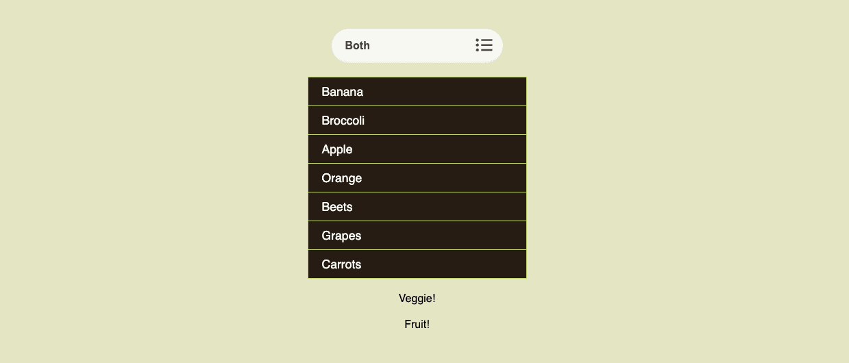 Select with below a list that contains fruit and vegetable names