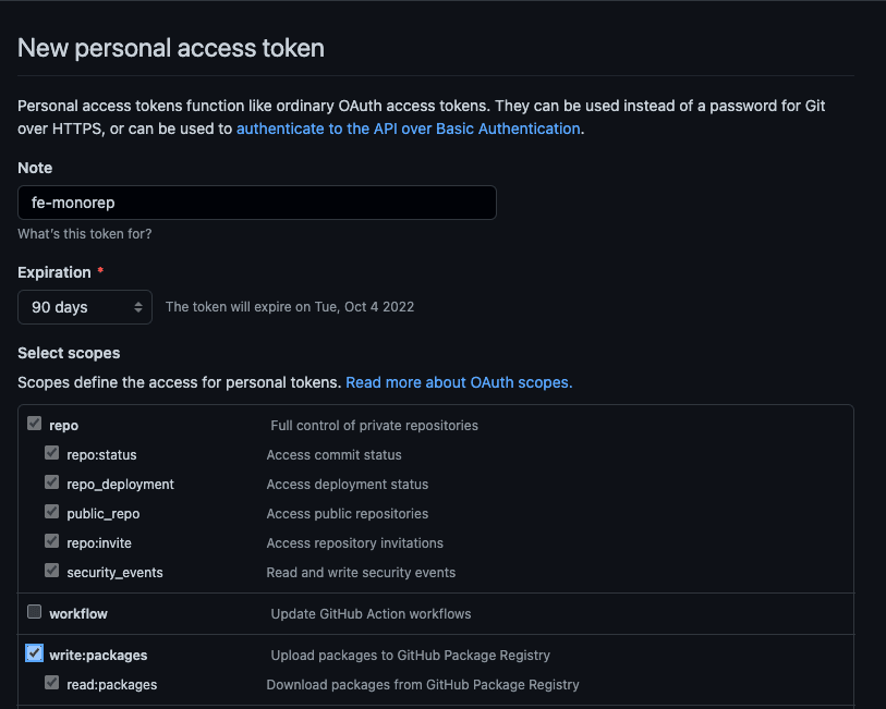 GitHub settings page to create a new access token